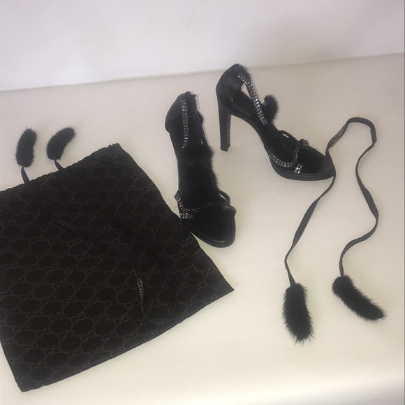 GUCCI sBlack Mink Fur & Swarovski High Heels w/Ankle Straps Size 37.5 - Picture 12 of 16